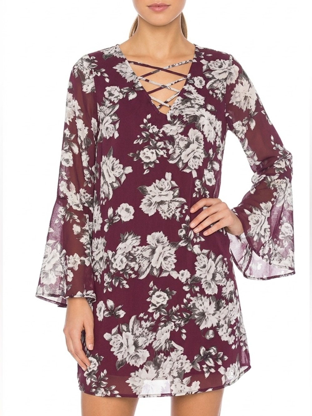 Speechless Burgundy Floral Mini Dress Lace Up Bell Sleeve Whimsigoth Large